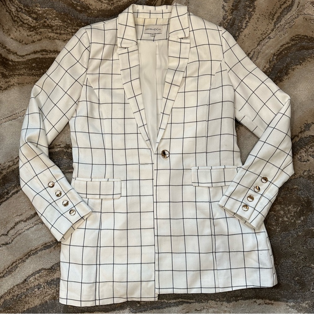 Chriselle x JOA windowpane blazer from Anthropologie